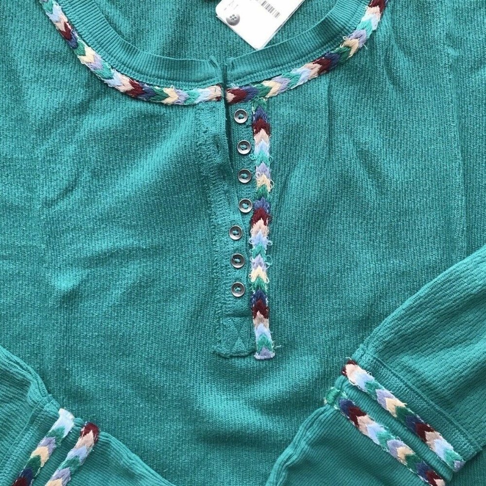 NWT Free People Embroidered Henley Thermal Top Shirt Small